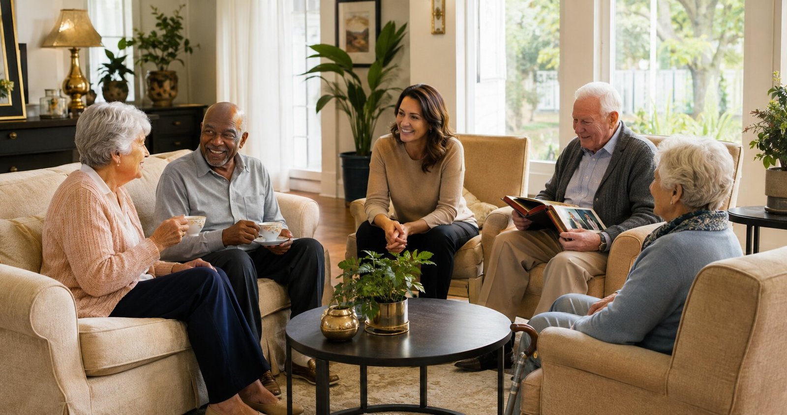 Residents and a care-home operator spending time together
